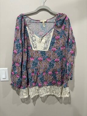 Matilda Jane Floral Lace-Paneled Peasant Tunic - Pink & Blue